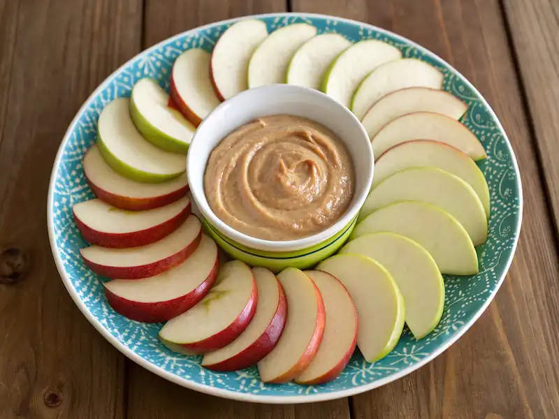 Sliced apples arranged around a bowl of almond butter dip – healthy paleo snack for toddlers.