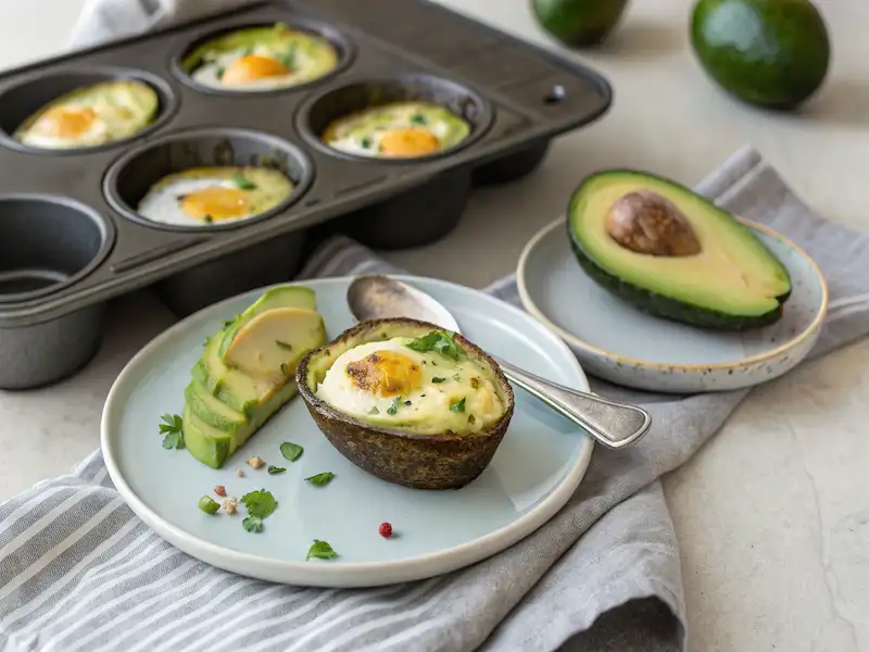 Baked avocado halves filled with eggs in a muffin tray – easy paleo breakfast for children.