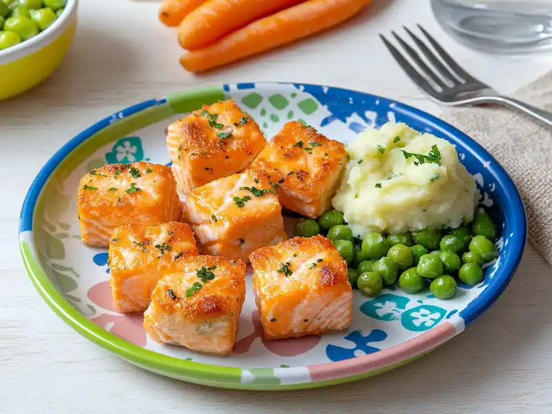 A toddler plate with baked salmon bites and mashed peas — a colorful and nutritious choice for toddler friendly meals