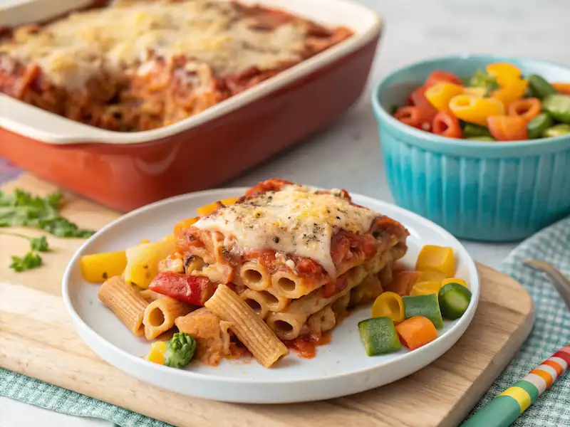 Baked Veggie Pasta Casserole, a comforting toddler dinner idea made with whole grain pasta, cheese, and vegetables—perfect for picky eaters.