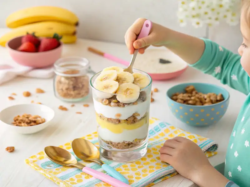 “Easy Recipes for Kids to Make – banana yogurt parfait with layers of banana, yogurt, and crunchy granola.”