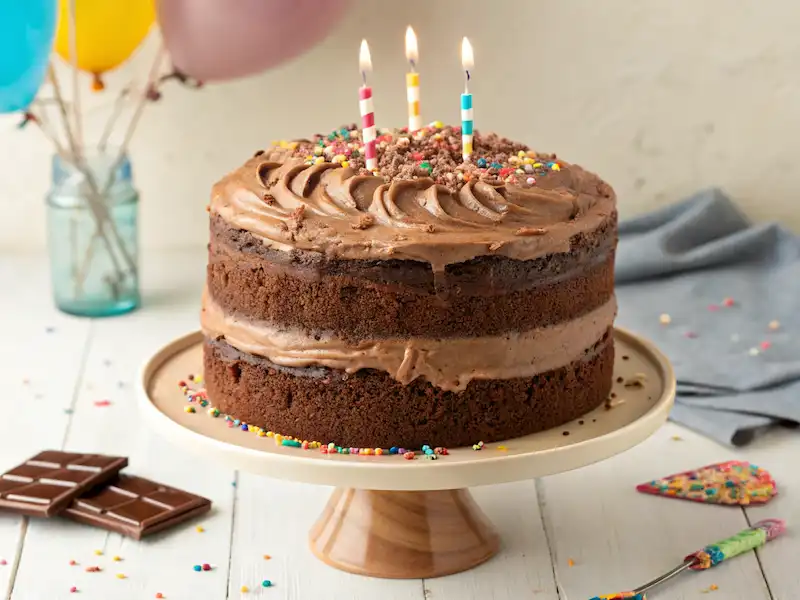 kids birthday cake made from a box mix chocolate cake with DIY frosting, decorated with colorful sprinkles and fun party decorations.