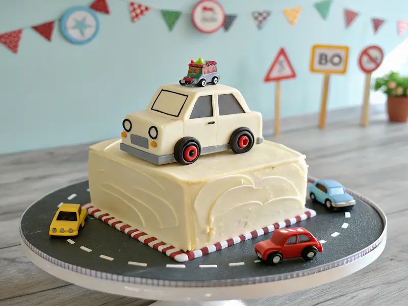 kids birthday cake shaped like a car or truck, decorated with buttercream frosting, edible wheels, and fondant details, set on a road-themed background.