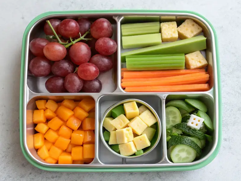 "DIY Bento Box with cheese cubes, grapes, and veggie sticks – a fun, healthy lunch option for school."