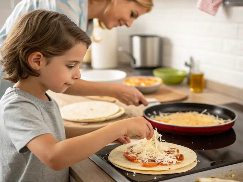 “Easy Recipes for Kids to Make – cheese quesadillas with tortillas and melted cheese.”