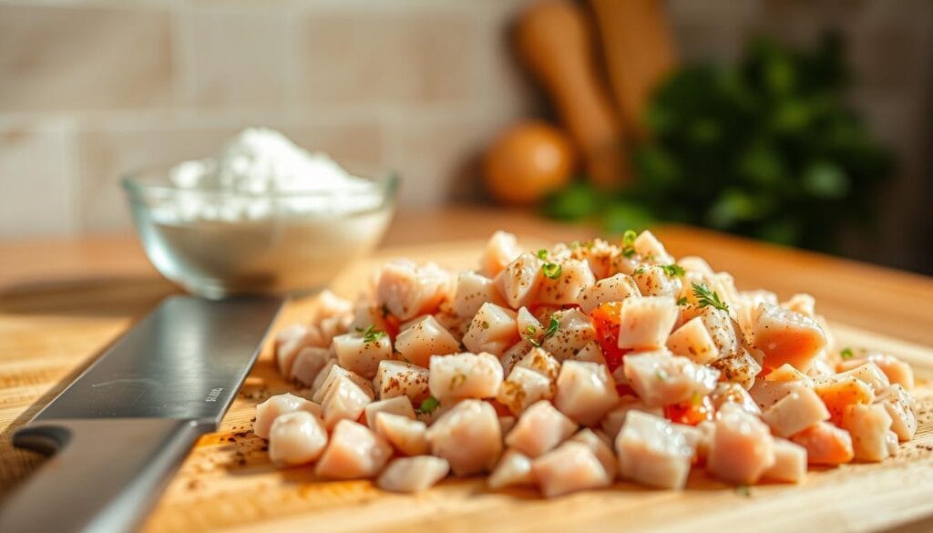 Chicken Preparation Techniques: A close-up view of a chopping board with freshly diced chicken thighs, seasoned with a blend of aromatic spices and herbs. In the foreground, a chef's knife rests beside the chicken, showcasing the precision and care taken in the preparation process. The middle ground features a small bowl of cornstarch, ready to be used for coating the chicken pieces. The background subtly fades into a neutral, yet warm-toned kitchen setting, creating a sense of focus and attention to detail. Soft, natural lighting illuminates the scene, accentuating the texture and color of the chicken, and casting gentle shadows that add depth and dimension to the image. Chicken Preparation Techniques: A close-up view of a chopping board with freshly diced chicken thighs, seasoned with a blend of aromatic spices and herbs. In the foreground, a chef's knife rests beside the chicken, showcasing the precision and care taken in the preparation process. The middle ground features a small bowl of cornstarch, ready to be used for coating the chicken pieces. The background subtly fades into a neutral, yet warm-toned kitchen setting, creating a sense of focus and attention to detail. Soft, natural lighting illuminates the scene, accentuating the texture and color of the chicken, and casting gentle shadows that add depth and dimension to the image.