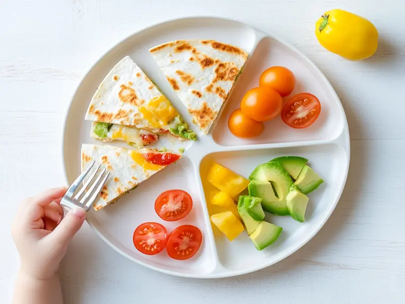 A toddler plate with chicken and avocado quesadilla slices, served with tomatoes and fruit — a simple and tasty option for toddler friendly meals.