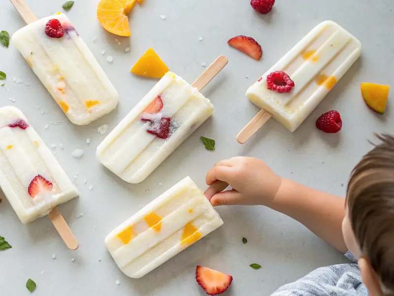 Frozen coconut milk popsicles with colorful fruits – dairy-free paleo dessert for kids.
