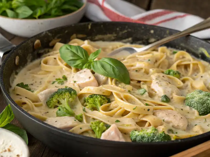 "A bowl of creamy chicken and broccoli pasta with a sprinkle of parmesan cheese."