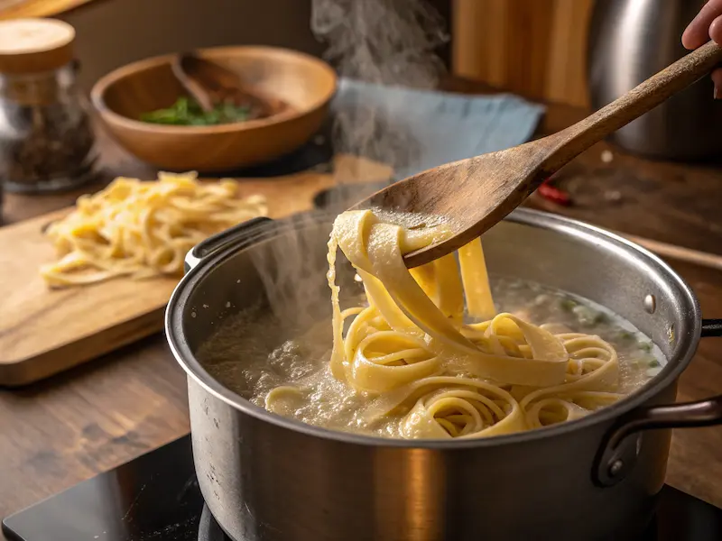 "Boiling water with pasta being added, ready to cook for creamy chicken and broccoli pasta."