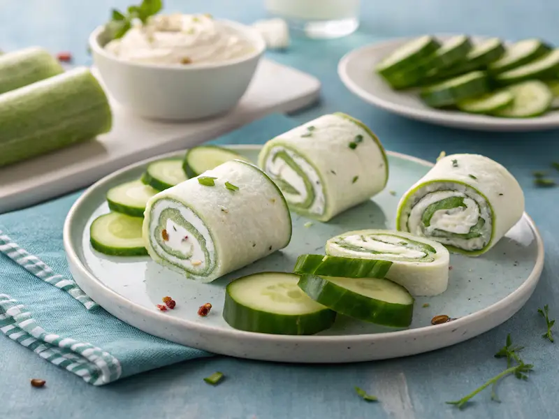 "Cream cheese and cucumber roll-ups – a light, refreshing school lunch idea for kids."