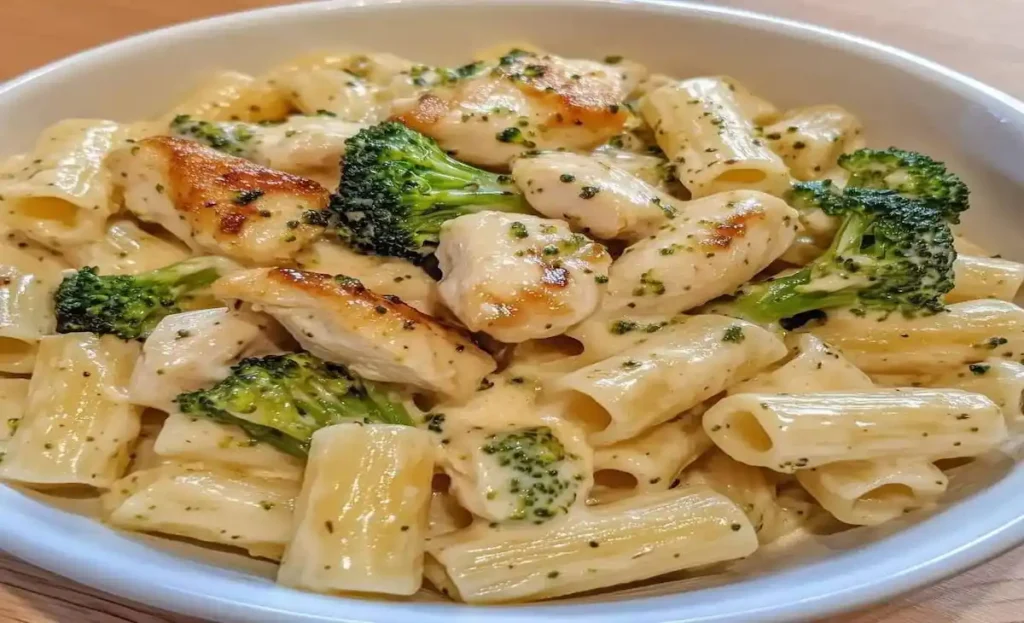 "A delicious plate of creamy chicken and broccoli pasta with parmesan cheese and a rich, cheesy sauce."