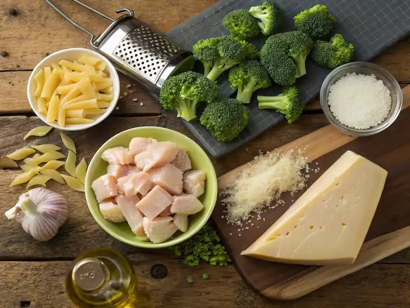 "Fresh ingredients for creamy chicken and broccoli pasta, including chicken, broccoli, pasta, parmesan cheese, and heavy cream."