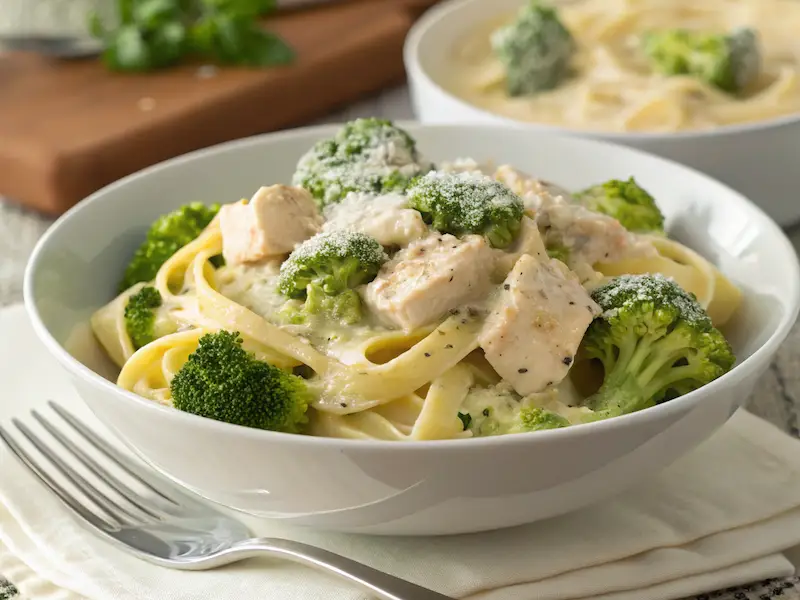 "Delicious bowl of creamy chicken and broccoli pasta, featuring tender chicken, vibrant broccoli, and a rich, cheesy sauce."