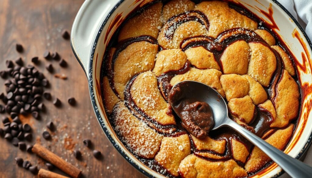 Crisp golden crust, rich cocoa swirls, and a gooey center - a tempting chocolate cobbler recipe in preparation. A large baking dish filled with a luscious batter, dusted with powdered sugar, and captured in soft, warm lighting from an overhead source. The cobbler sits atop a wooden table, surrounded by scattered chocolate chips, a sprinkling of cinnamon, and a stainless steel spoon, ready to scoop out a delectable serving. The scene conveys the inviting aroma and decadent texture of this homemade dessert, enticing the viewer to indulge in this delightful chocolate creation. Crisp golden crust, rich cocoa swirls, and a gooey center - a tempting chocolate cobbler recipe in preparation. A large baking dish filled with a luscious batter, dusted with powdered sugar, and captured in soft, warm lighting from an overhead source. The cobbler sits atop a wooden table, surrounded by scattered chocolate chips, a sprinkling of cinnamon, and a stainless steel spoon, ready to scoop out a delectable serving. The scene conveys the inviting aroma and decadent texture of this homemade dessert, enticing the viewer to indulge in this delightful chocolate creation.