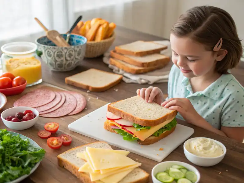 “Easy Recipes for Kids to Make – child assembling sandwiches with simple ingredients.”