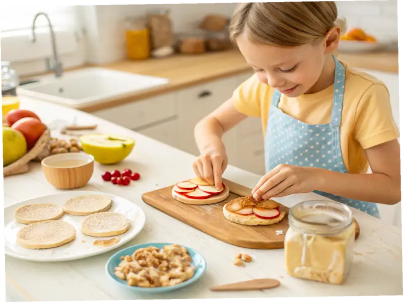 A child assembling a mini pita pizza with cheese and sauce—showing easy recipes for kids to make at home.