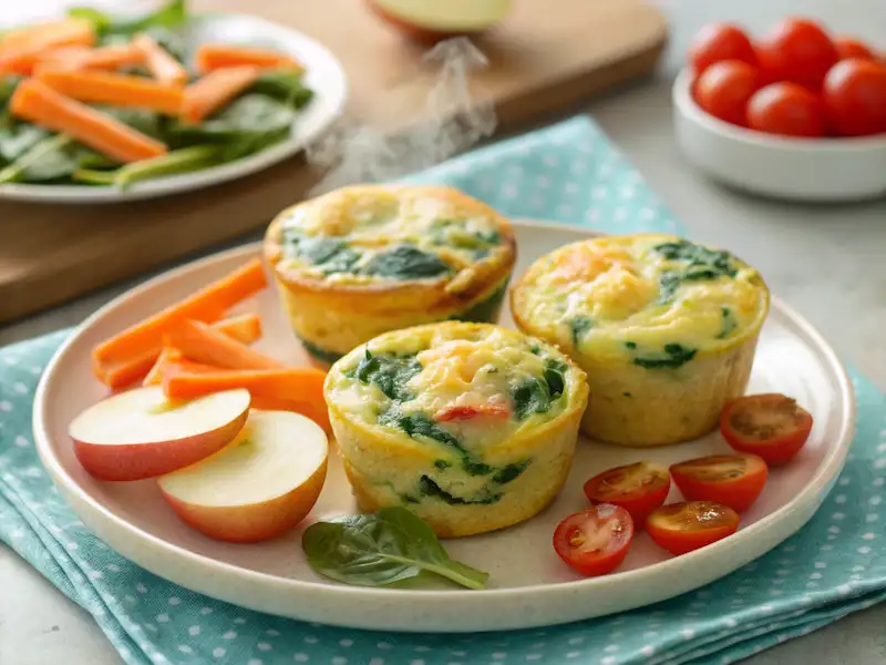 Egg Muffins with Spinach and Cheese, fluffy and packed with protein, perfect for toddler dinner ideas. Served with a side of fresh veggies.