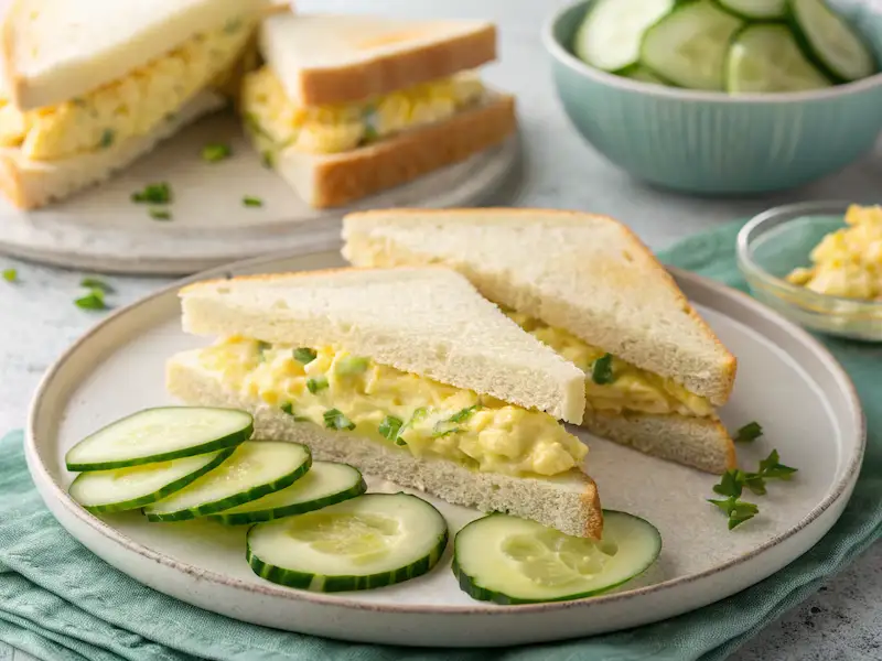 "Egg salad sandwiches with cucumber slices – a classic, balanced school lunch for kids."