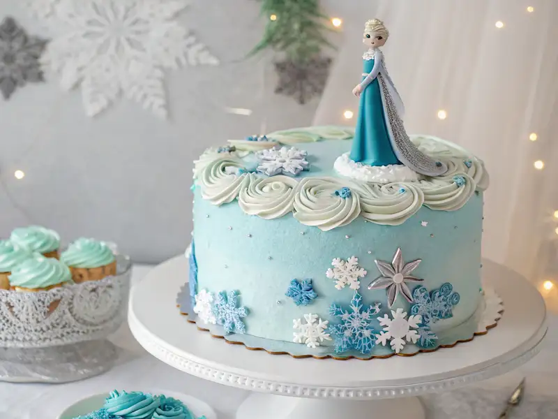 kids birthday cake with Frozen-inspired blue and white buttercream frosting, snowflake decorations, and an Elsa or Anna figure, set on a cake stand with winter-themed party decor.