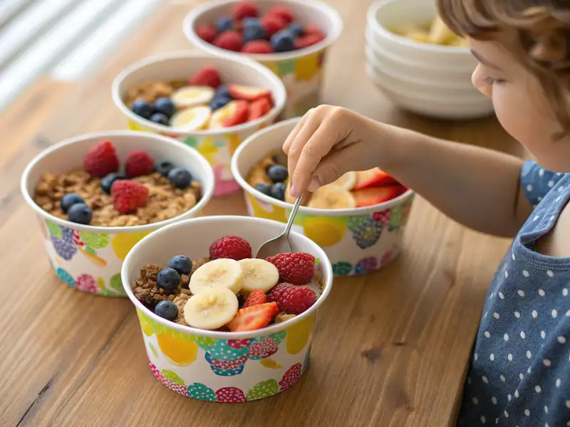 “Easy Recipes for Kids to Make – mix of cereal and fruit in a fun cup for breakfast or snack.”