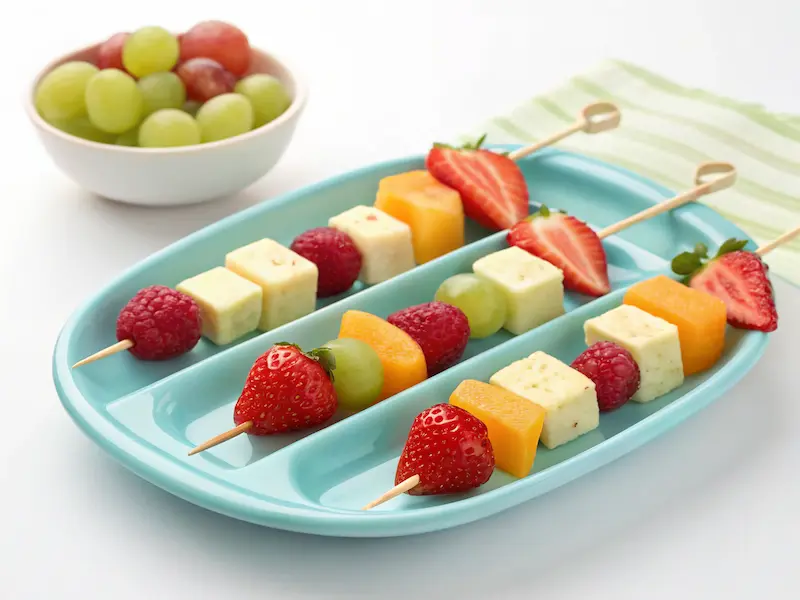 Fruit & Cheese Skewers on toddler-safe sticks—colorful and nutritious toddler snacks for picky eaters and easy snacking.