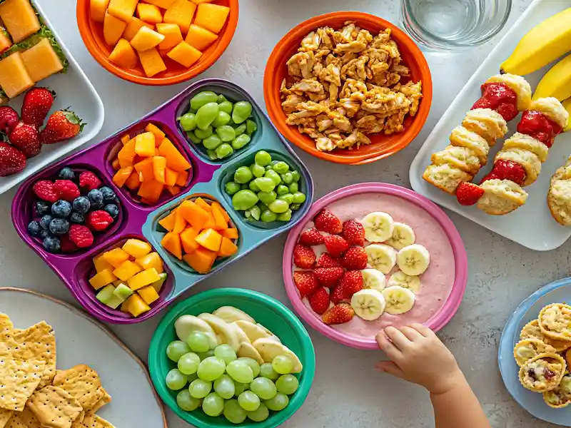 A toddler's mealtime spread featuring make-your-own taco cups with chicken and veggies, fruit and cheese skewers, muffin tin meals with pasta and chicken, and smoothie bowls with fresh toppings — all delicious examples of toddler friendly meals.