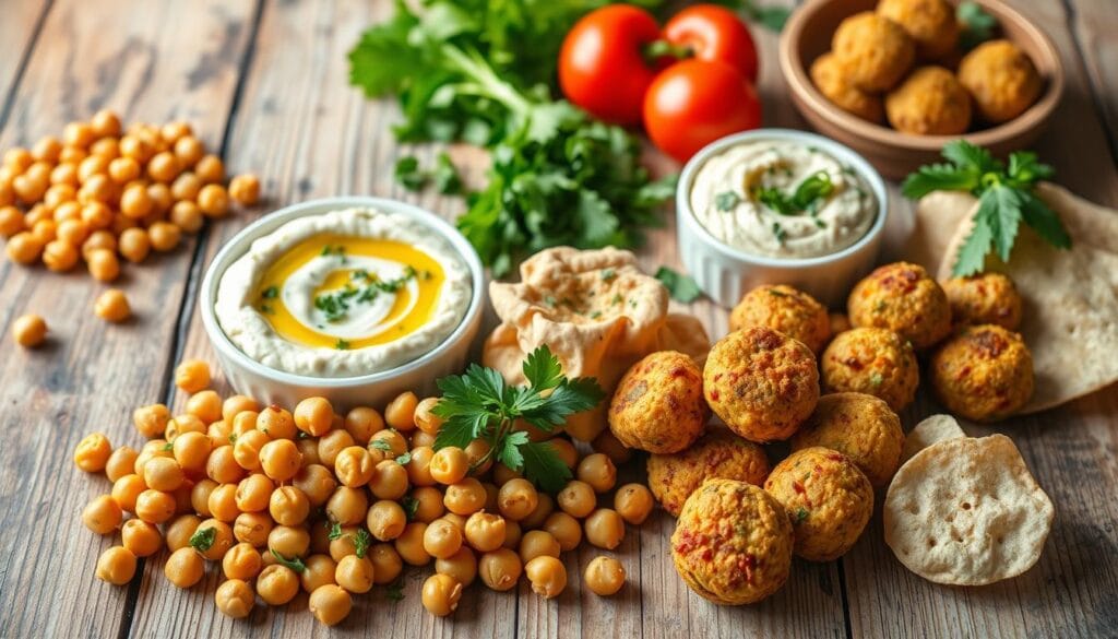 High-quality photograph of an assortment of appetizing chickpea snack recipes presented on a rustic wooden table. The foreground features an arrangement of various chickpea-based snacks, such as roasted chickpeas with herbs and spices, chickpea hummus with pita chips, and chickpea falafel bites. The middle ground showcases freshly chopped vegetables, herbs, and a drizzle of olive oil, creating a vibrant, appetizing scene. The background has a soft, natural lighting that illuminates the whole setup, giving it a warm, inviting atmosphere. The overall composition highlights the versatility and deliciousness of chickpea-based dishes, making them an ideal and healthy snack option for kids. High-quality photograph of an assortment of appetizing chickpea snack recipes presented on a rustic wooden table. The foreground features an arrangement of various chickpea-based snacks, such as roasted chickpeas with herbs and spices, chickpea hummus with pita chips, and chickpea falafel bites. The middle ground showcases freshly chopped vegetables, herbs, and a drizzle of olive oil, creating a vibrant, appetizing scene. The background has a soft, natural lighting that illuminates the whole setup, giving it a warm, inviting atmosphere. The overall composition highlights the versatility and deliciousness of chickpea-based dishes, making them an ideal and healthy snack option for kids.