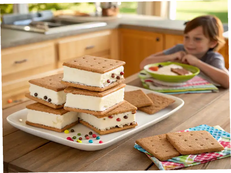 Graham Cracker Ice Cream Sandwiches stacked on a plate, filled with vanilla ice cream and sprinkles—an easy recipe for kids to make at home.