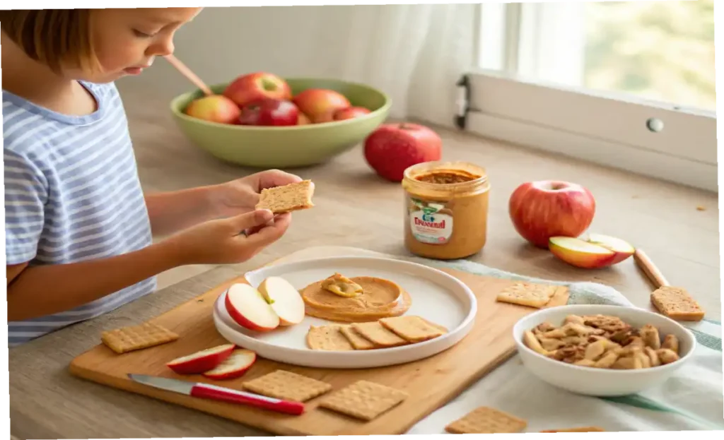 Child spreading peanut butter on apple slices in the kitchen—an example of fun and easy recipes for kids to make.