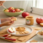 Child spreading peanut butter on apple slices in the kitchen—an example of fun and easy recipes for kids to make.