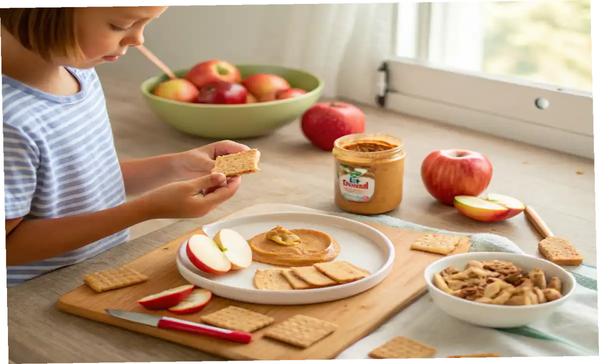 Child spreading peanut butter on apple slices in the kitchen—an example of fun and easy recipes for kids to make.