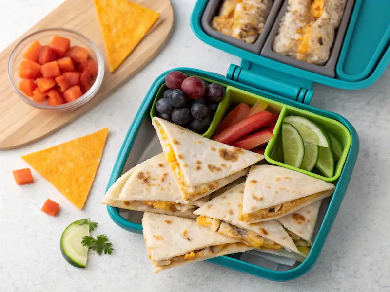 "Leftover chicken quesadillas – a quick and easy school lunch packed with protein and flavor."