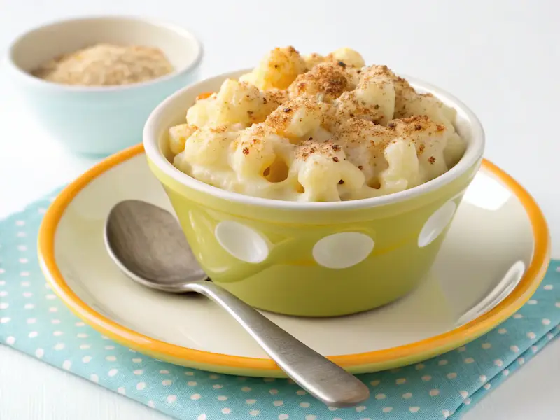 Creamy Mac and Cheese with Pureed Cauliflower, a delicious and sneaky way to add veggies to a toddler dinner, perfect for picky eaters.