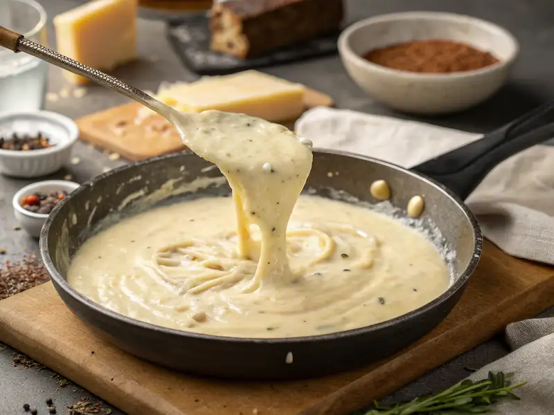 "Stirring the creamy sauce with parmesan cheese in a skillet for creamy chicken and broccoli pasta."