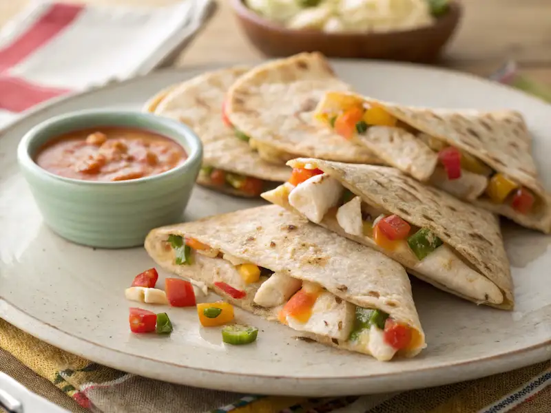 Mini Chicken and Veggie Quesadillas served on a plate, featuring melted cheese, chicken, and vegetables inside a soft whole wheat tortilla—perfect for toddler dinner ideas.