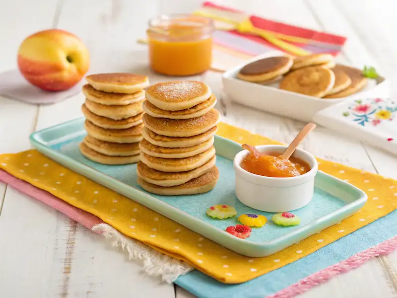 Mini Pancake Dippers served with fruit puree—fun and mess-free toddler snacks perfect for breakfast or snack time.