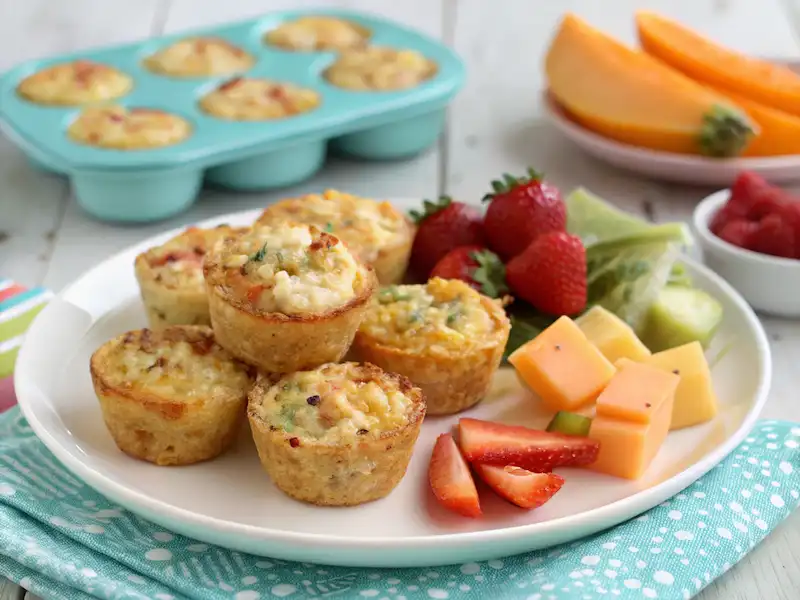 Mini Quinoa and Cheese Bakes, bite-sized and loaded with quinoa, cheese, and eggs, perfect for a healthy toddler dinner idea.