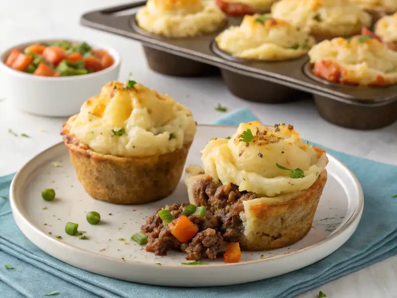 Mini Shepherd’s Pie Cups made with mashed potatoes, ground beef, and veggies, offering a wholesome, toddler-friendly dinner idea.