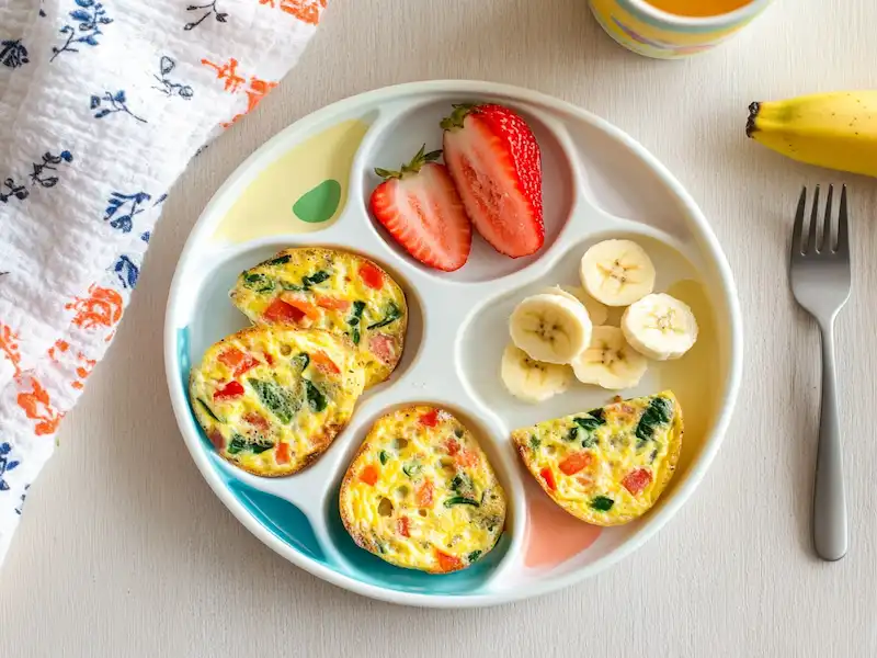 A toddler plate with mini veggie frittatas, whole grain toast triangles, and fruit slices — a colorful and healthy example of toddler friendly meals.