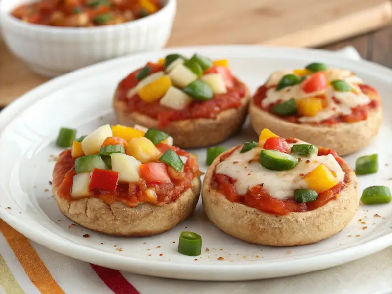Mini Veggie Pizza Bites made with whole wheat English muffins, cheese, tomato sauce, and fresh veggies—ideal for a toddler-friendly dinner.