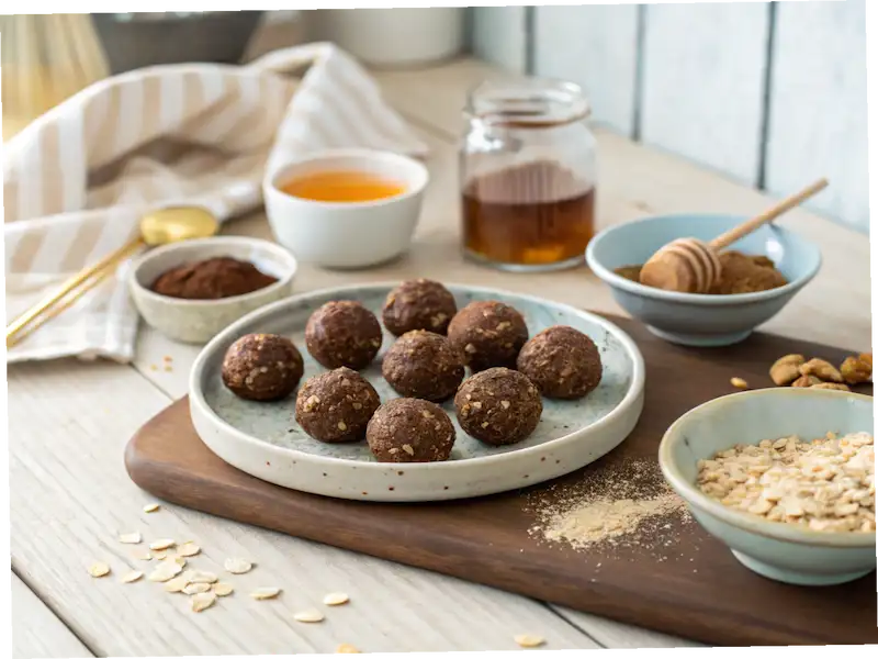 No-Bake Chocolate Oat Bites arranged on parchment paper with ingredients like oats and cocoa nearby—an easy recipe for kids to make.