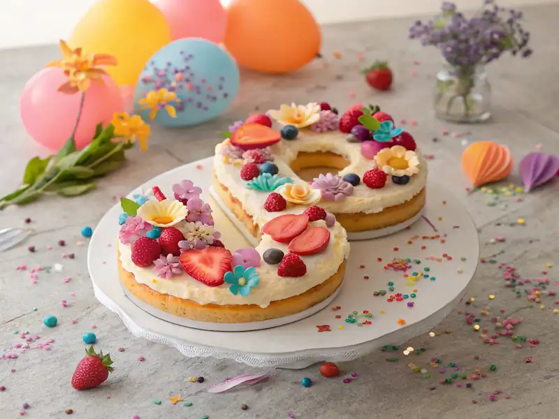 kids birthday cake in the shape of a number, decorated with colorful buttercream frosting, fruits, and candies, set on a cake stand with a festive background.