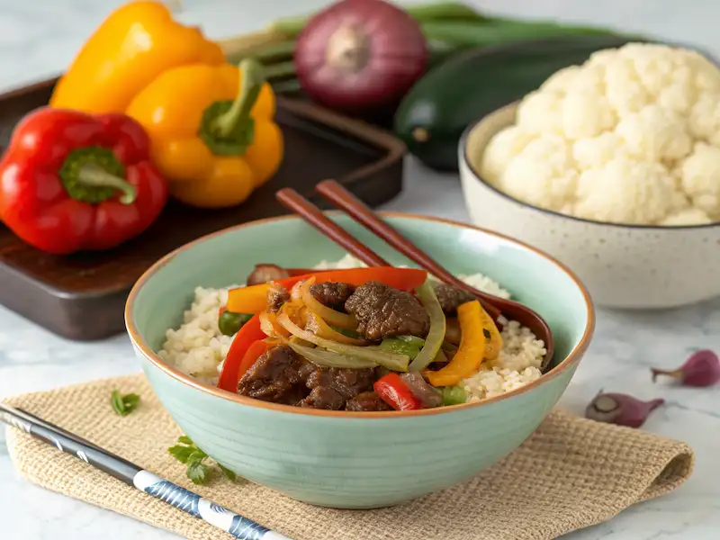 Paleo beef stir-fry with colorful veggies served over cauliflower rice – dinner idea for kids.