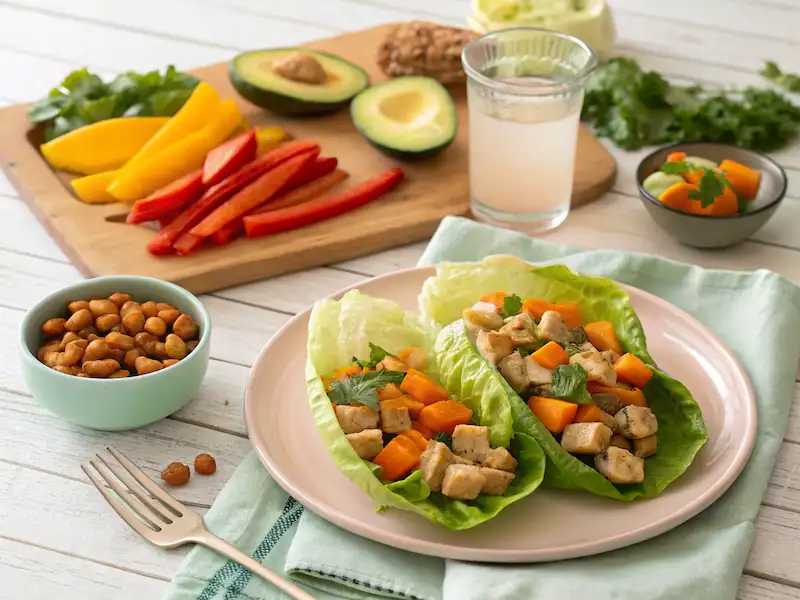 Kid-friendly paleo dishes such as turkey lettuce wraps, sweet potato hash with veggies, and paleo granola bars, arranged on a light wooden table.