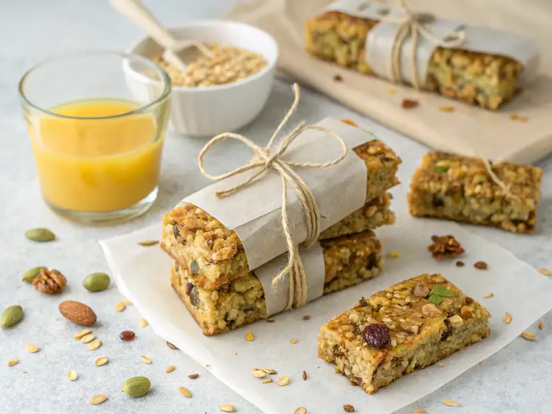 Homemade granola bars with nuts and coconut flakes on parchment paper – paleo snack idea for kids.