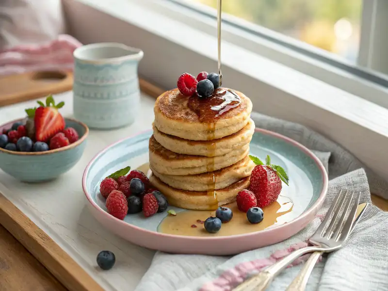 Fluffy almond flour paleo pancakes stacked on a white plate with berries on top – kid-friendly paleo breakfast.