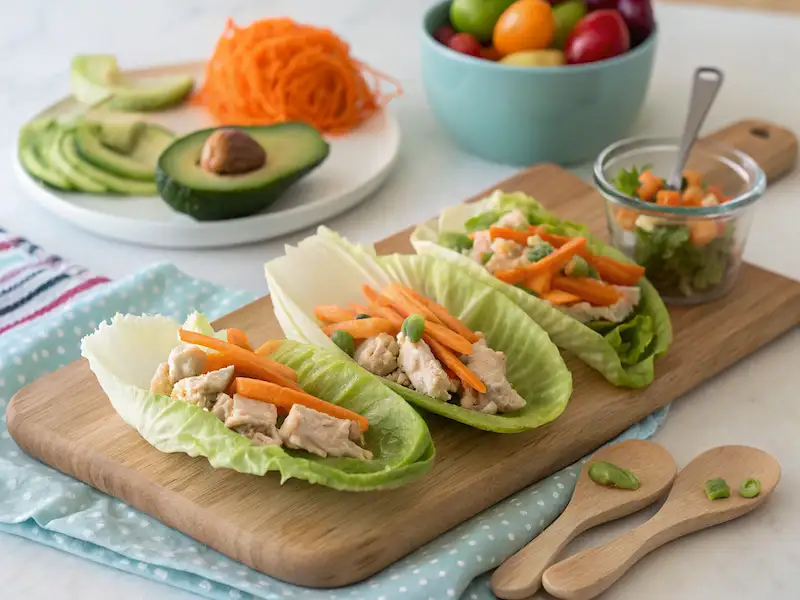 Colorful turkey lettuce wraps with avocado and veggies – fresh paleo lunch idea for kids.