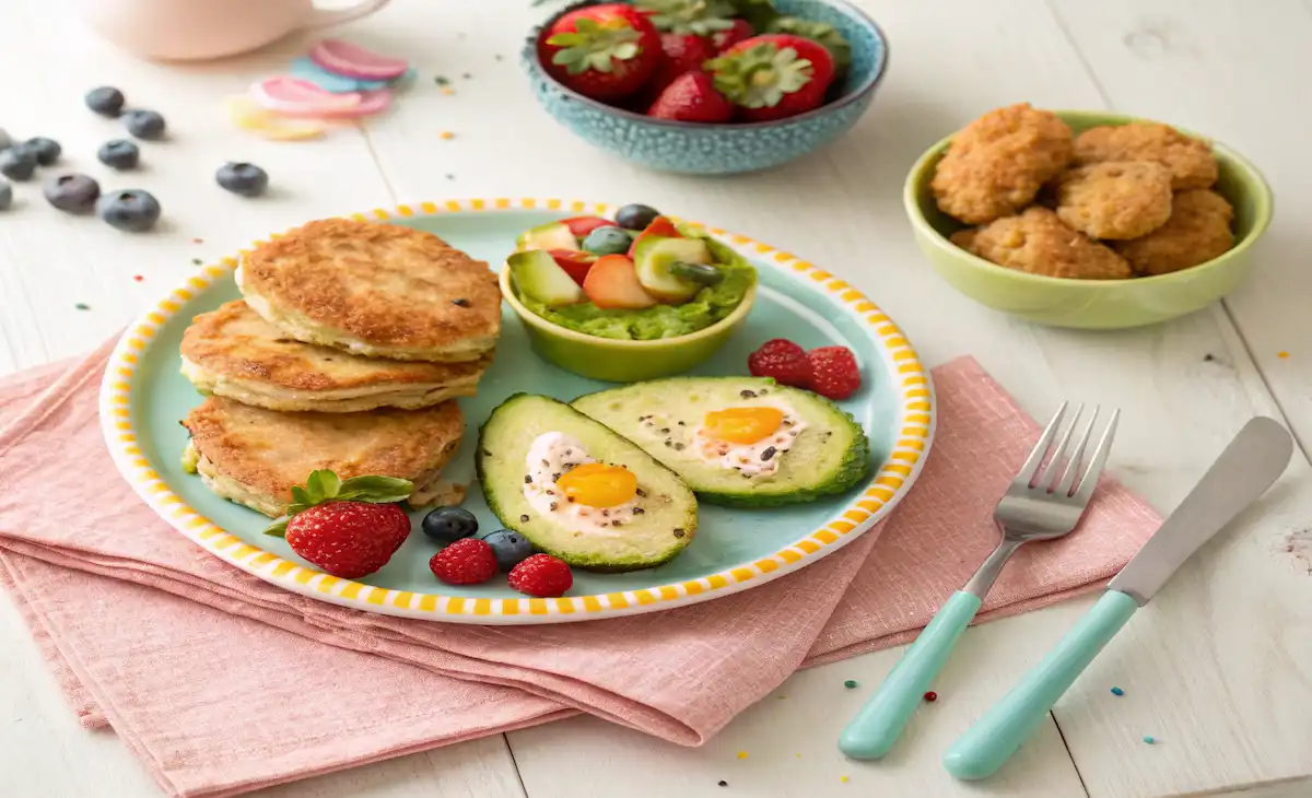 A collection of vibrant and healthy paleo meals for kids, including paleo pancakes, chicken tenders, and avocado egg cups, all served on colorful plates.