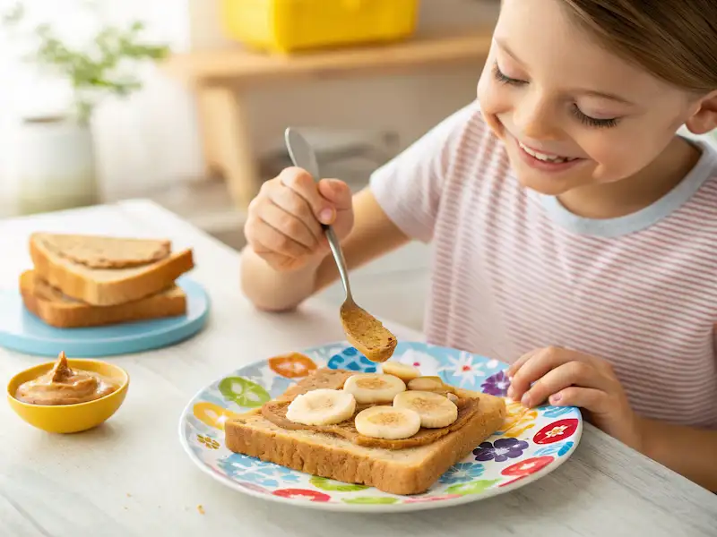 “Easy Recipes for Kids to Make – peanut butter banana toast assembled by a child.”